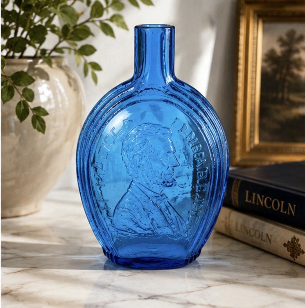 Blue Glass Bottle Abraham Lincoln Cabin 8.5” Translucent Whiskey Flask Vintage